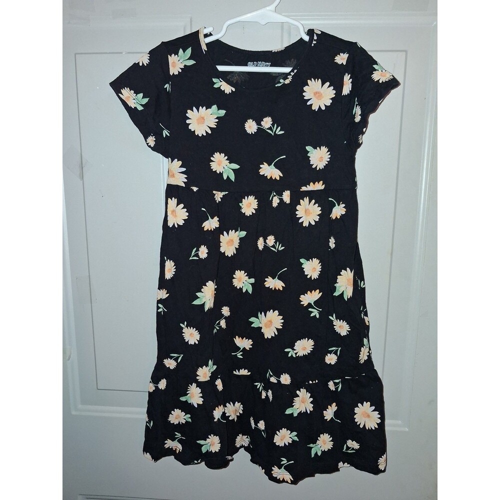 Old Navy Girls Medium Black Sunflower Print Dress Floral Yellow 2022